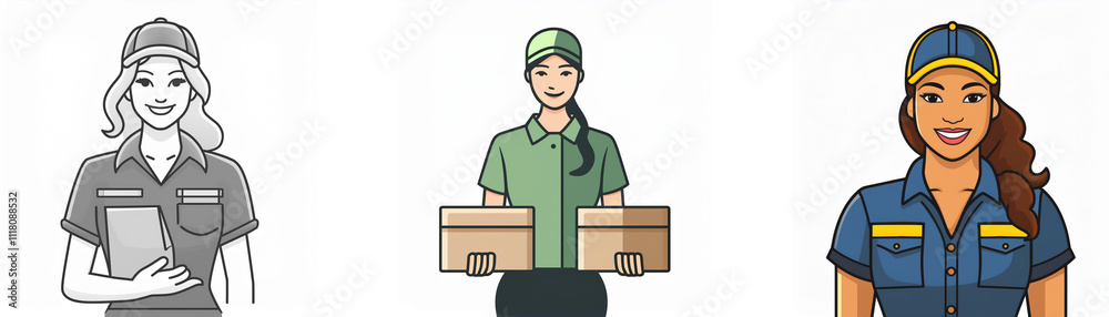 Three illustrations of female delivery workers in different uniforms. One holds packages, another a clipboard, showcasing diverse roles in delivery services. Three illustrations of female delivery workers in different uniforms. One holds packages, another a clipboard, showcasing diverse roles in delivery services.