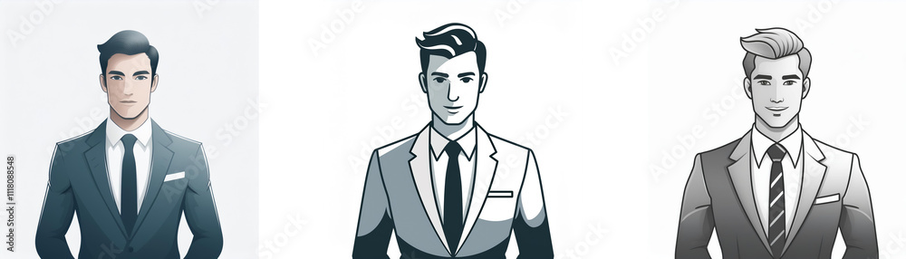 Three stylized portraits of men in suits; one in color, two in grayscale. Sophisticated and professional attire. Three stylized portraits of men in suits; one in color, two in grayscale. Sophisticated and professional attire.