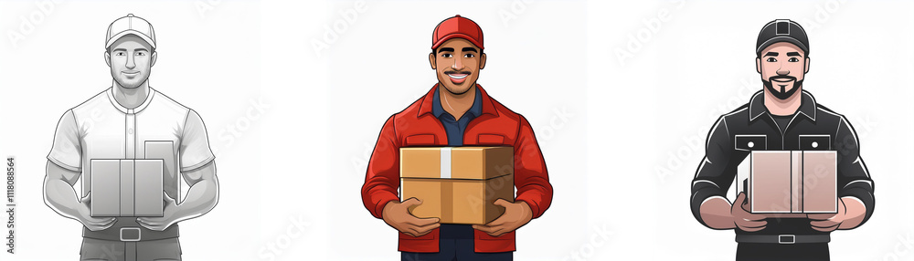 Three delivery workers in different uniforms hold packages. One is in grayscale, one wears red, and the other black. They represent diverse delivery services. Three delivery workers in different uniforms hold packages. One is in grayscale, one wears red, and the other black. They represent diverse delivery services.