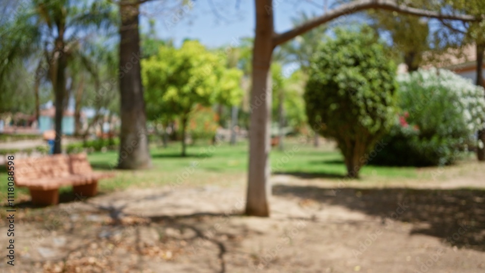 Defocused view of an outdoor park scene with blurred trees, bench, grass, and bright sunshine Defocused view of an outdoor park scene with blurred trees, bench, grass, and bright sunshine