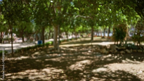 Blurred image of an outdoor park with trees and people in the background, creating a defocused natural scene with bokeh effect under the sunlight.