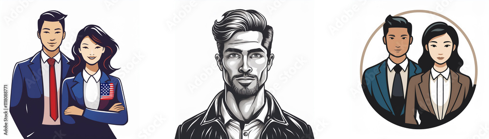 Three illustrations depict stylized portraits: a business couple, a man in a suit, and another business couple. The artwork features clean lines and bold colors. Three illustrations depict stylized portraits: a business couple, a man in a suit, and another business couple. The artwork features clean lines and bold colors.