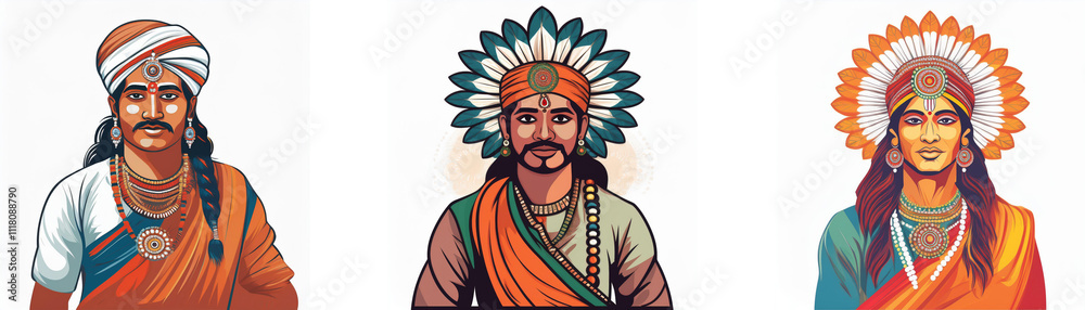Three illustrated figures, possibly historical or mythological, adorned in vibrant, culturally significant headwear and clothing. Their expressions convey a sense of dignity and strength. Three illustrated figures, possibly historical or mythological, adorned in vibrant, culturally significant headwear and clothing. Their expressions convey a sense of dignity and strength.