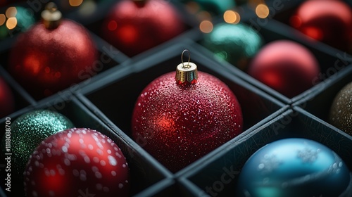 Cinematic photograph of red and green Christmas baubles in boxes, on a table, flat lay, top view,  photo