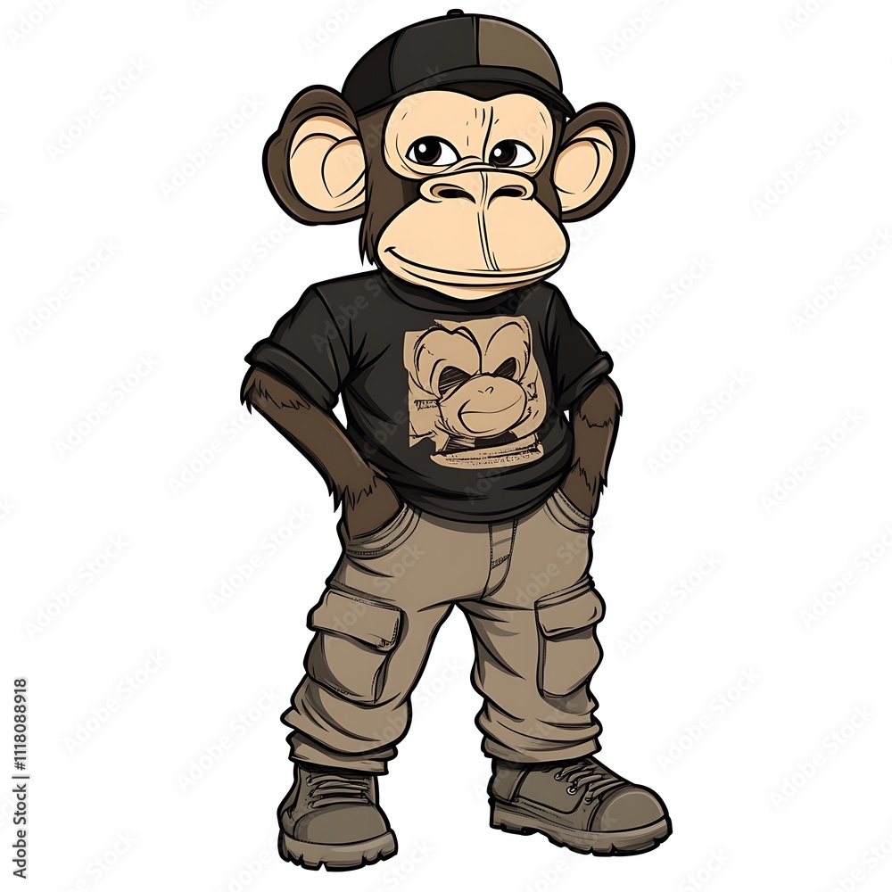 Obraz premium Cartoon monkey in a graphic tee and cargo pants on a white background.