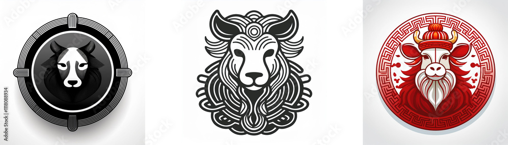 Three circular emblems feature stylized animal heads: a wolf, a lion, and a cow. Each design showcases unique artistic styles and color palettes. Three circular emblems feature stylized animal heads: a wolf, a lion, and a cow. Each design showcases unique artistic styles and color palettes.