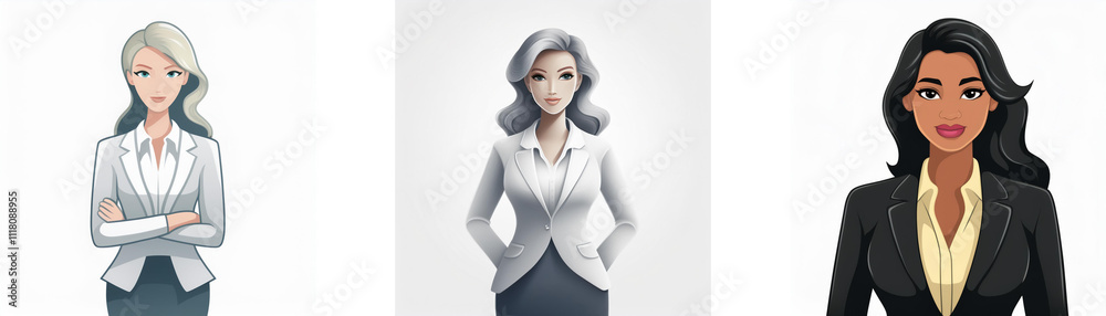 Three illustrated women in business attire; blonde, gray-haired, and brunette. They project confidence and professionalism. Three illustrated women in business attire; blonde, gray-haired, and brunette. They project confidence and professionalism.