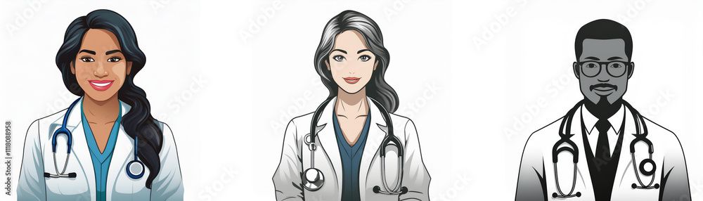 Three illustrated doctors, diverse in ethnicity and gender, wear lab coats and stethoscopes, conveying professionalism and healthcare. Three illustrated doctors, diverse in ethnicity and gender, wear lab coats and stethoscopes, conveying professionalism and healthcare.