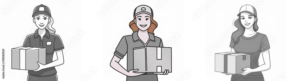 Three delivery women in uniform hold packages. They represent diverse appearances and efficient service. Three delivery women in uniform hold packages. They represent diverse appearances and efficient service.