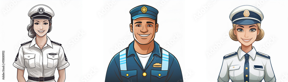 Three uniformed officers, a woman and two men, smile confidently. Their attire suggests authority and professionalism within a maritime or aviation setting. Three uniformed officers, a woman and two men, smile confidently. Their attire suggests authority and professionalism within a maritime or aviation setting.