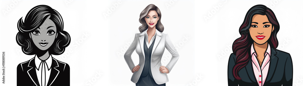 Three diverse women in business attire. Stylish, professional portraits showcasing different hairstyles and ethnicities. Three diverse women in business attire. Stylish, professional portraits showcasing different hairstyles and ethnicities.