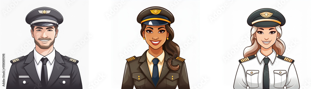 Three pilots in uniform are shown. A male and two female pilots, each with a distinct expression and hair color. They wear similar pilot caps and jackets but with different colors. Three pilots in uniform are shown. A male and two female pilots, each with a distinct expression and hair color. They wear similar pilot caps and jackets but with different colors.