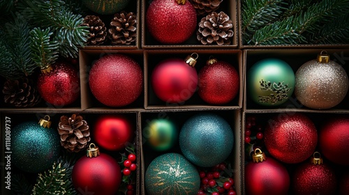 Cinematic photograph of red and green Christmas baubles in boxes, on a table, flat lay, top view,  photo