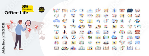 Employees office life cartoon flat illustrations mega bundle. Corporate jobs goals 2D images isolated on white. Remote work. Collaboration multicultural colleagues collection vector drawings colorful