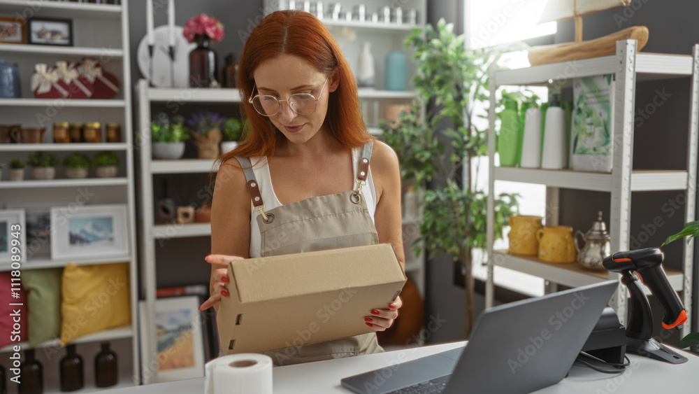 Woman handling a package in a well-decorated home decor store with shelves of various items in the background Woman handling a package in a well-decorated home decor store with shelves of various items in the background