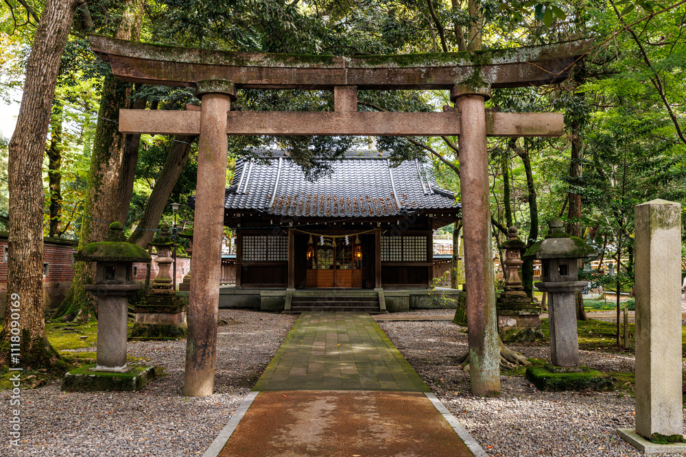 A Serene Japanese Shrine, Peacefully Nestled Amidst Lush Green Nature and Foliage A Serene Japanese Shrine, Peacefully Nestled Amidst Lush Green Nature and Foliage