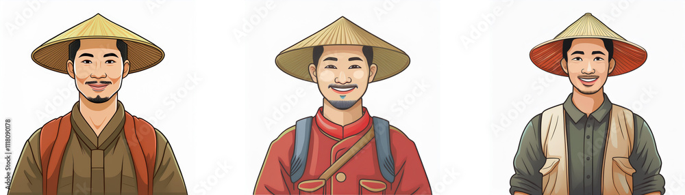 Three Asian men, illustrated, wear conical hats and various outfits. Their expressions are pleasant. Three Asian men, illustrated, wear conical hats and various outfits. Their expressions are pleasant.