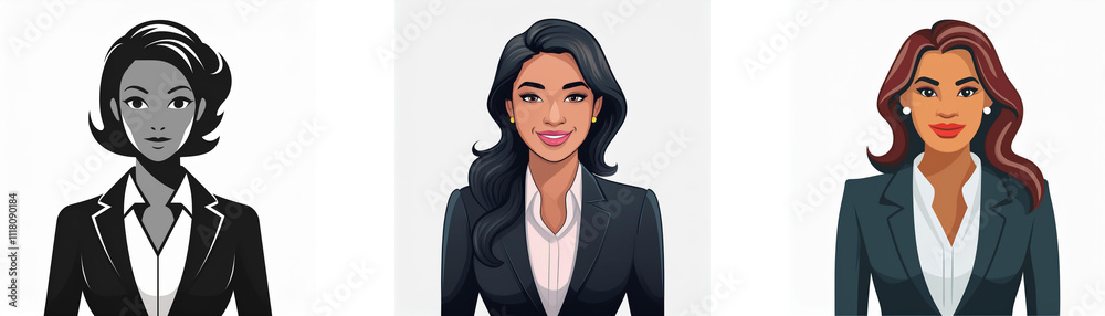 Three stylized illustrations of women in business suits. Different hairstyles and skin tones are depicted. Three stylized illustrations of women in business suits. Different hairstyles and skin tones are depicted.