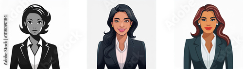 Three stylized illustrations of women in business suits. Different hairstyles and skin tones are depicted.