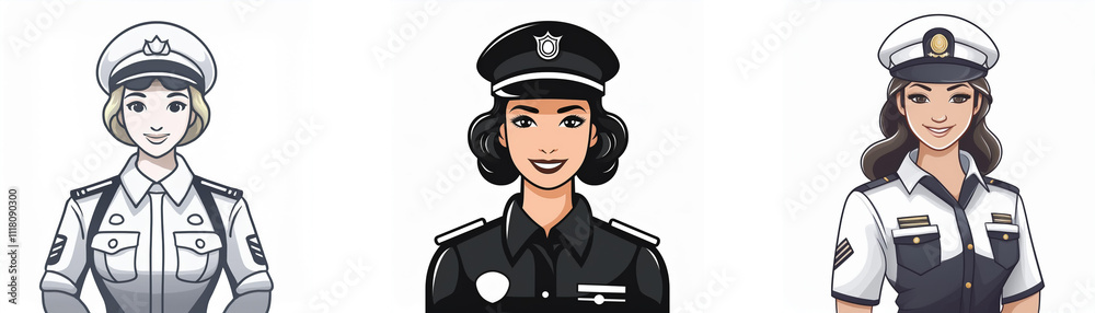Three female police officers in different uniforms. Their expressions are confident and professional. Three female police officers in different uniforms. Their expressions are confident and professional.