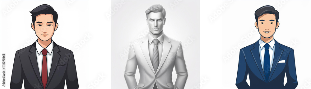 Three stylized illustrations depict men in suits; one in dark suit, one in grayscale suit, and one in a navy suit. Each has a different hairstyle and expression. Three stylized illustrations depict men in suits; one in dark suit, one in grayscale suit, and one in a navy suit. Each has a different hairstyle and expression.