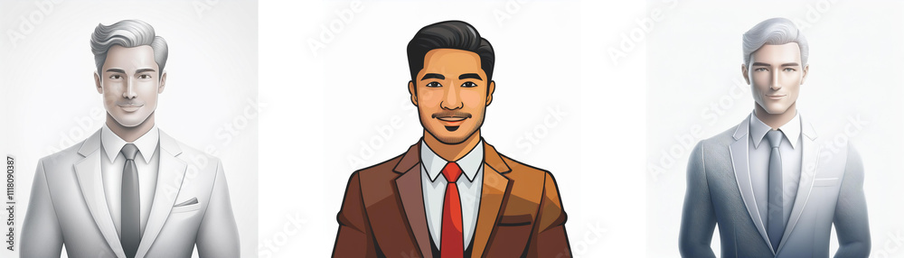 Three stylized portraits of men in suits.  The central figure is in brown, the others in shades of gray.  The artwork is clean and modern.
