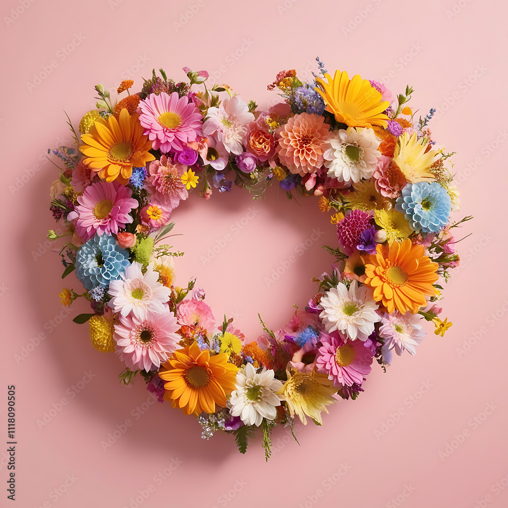 Heart-Shaped Arrangement of Colorful Flowers on pink Background Heart-Shaped Arrangement of Colorful Flowers on pink Background