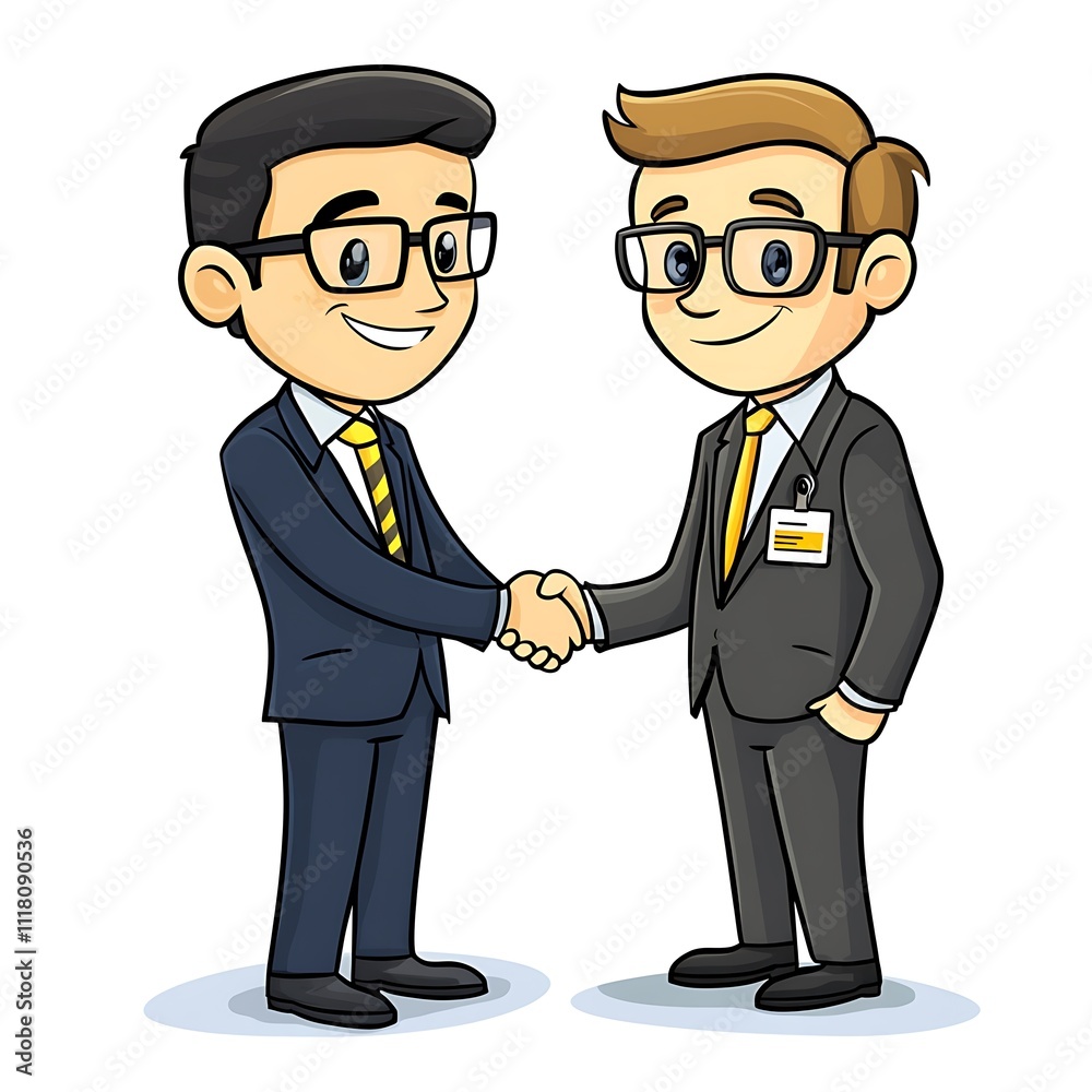 Cartoon sales guy in a suit with a name tag, shaking hands with a client on a white background.