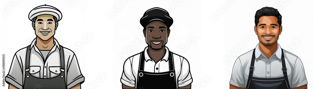 Three diverse workers in white short-sleeved shirts and black aprons smile. They wear different hats. Three diverse workers in white short-sleeved shirts and black aprons smile. They wear different hats.