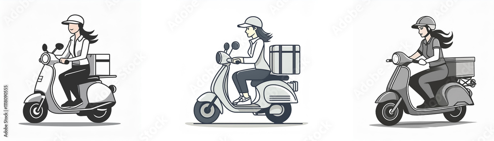 Three delivery riders on scooters, carrying packages. Fast, efficient urban transport. Three delivery riders on scooters, carrying packages. Fast, efficient urban transport.