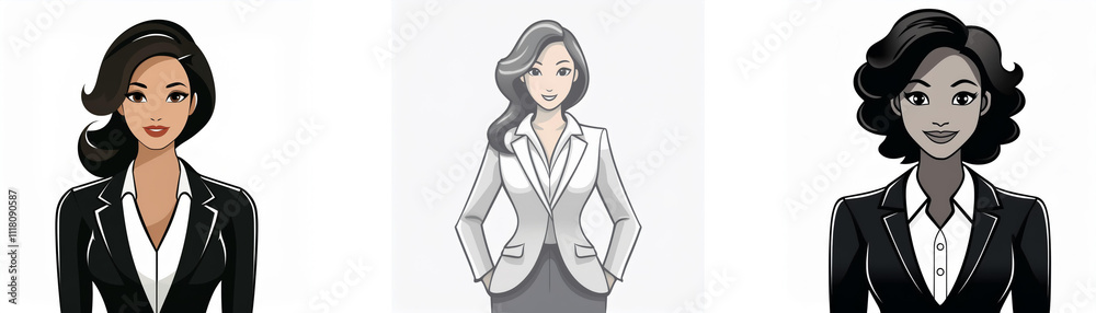 Three diverse women in business suits, showcasing different hairstyles and skin tones. Professional, confident, and stylish. Three diverse women in business suits, showcasing different hairstyles and skin tones. Professional, confident, and stylish.