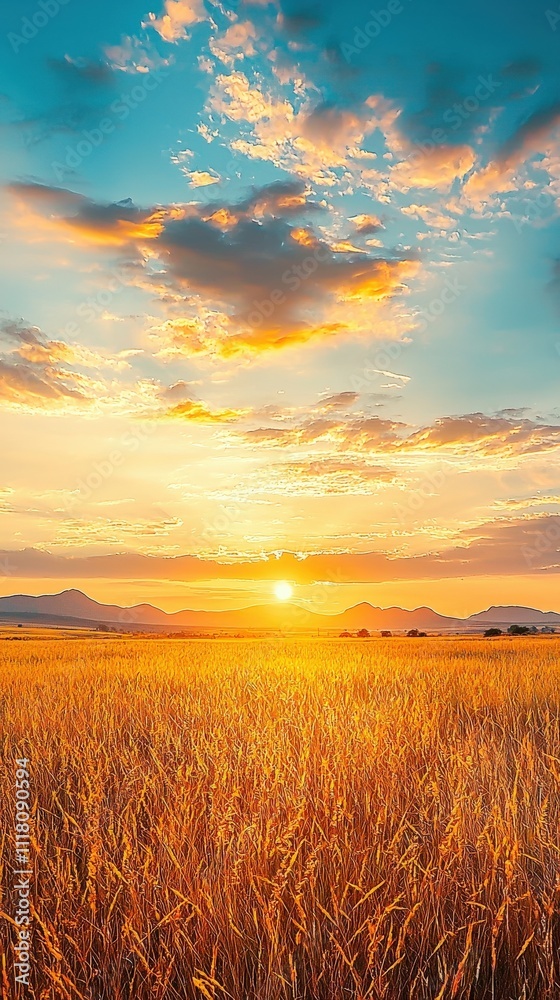 A vibrant sunset over golden fields, with dramatic clouds and mountains in the distance, creating a serene and picturesque landscape. A vibrant sunset over golden fields, with dramatic clouds and mountains in the distance, creating a serene and picturesque landscape.