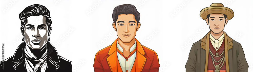 Three stylized portraits of young men in different attire; one in monochrome, another in a red jacket, and the third in period clothing. Three stylized portraits of young men in different attire; one in monochrome, another in a red jacket, and the third in period clothing.