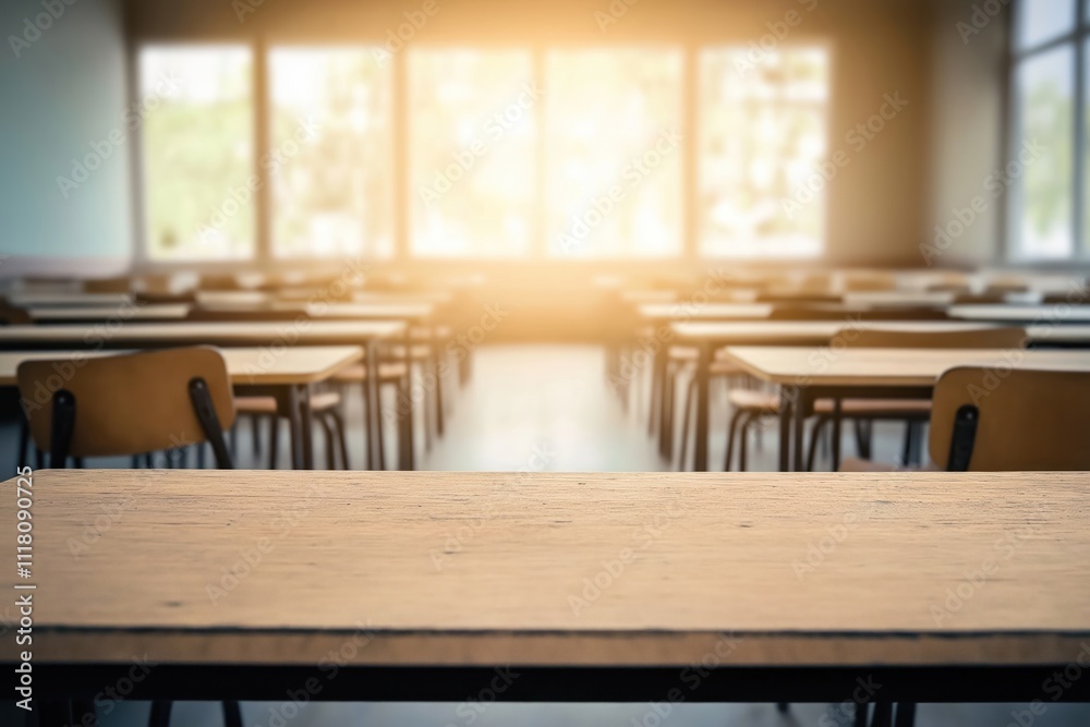 Empty classroom interior. Sunlit school room. Wooden tables, chairs. Blurred view. Educational space. No people. Modern design. Contemporary classroom. Empty seats. Interior photo. Learning