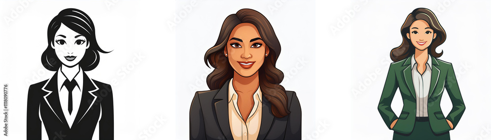 Three illustrations depict a businesswoman in varying styles: monochrome, detailed color portrait, and a stylized color figure. The images showcase different artistic approaches to portraying a profe Three illustrations depict a businesswoman in varying styles: monochrome, detailed color portrait, and a stylized color figure. The images showcase different artistic approaches to portraying a profe