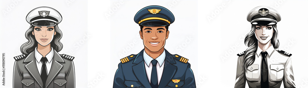 Three stylized illustrations of uniformed officers; a female in navy, a male in air force, and a female in security. Each showcases a formal portrait. Three stylized illustrations of uniformed officers; a female in navy, a male in air force, and a female in security. Each showcases a formal portrait.