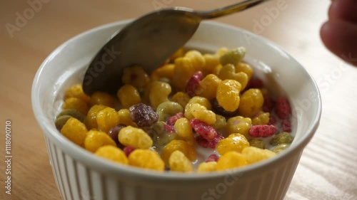 slow motion scooping colorful fruity cereal with a spoon from a bowl full of milk