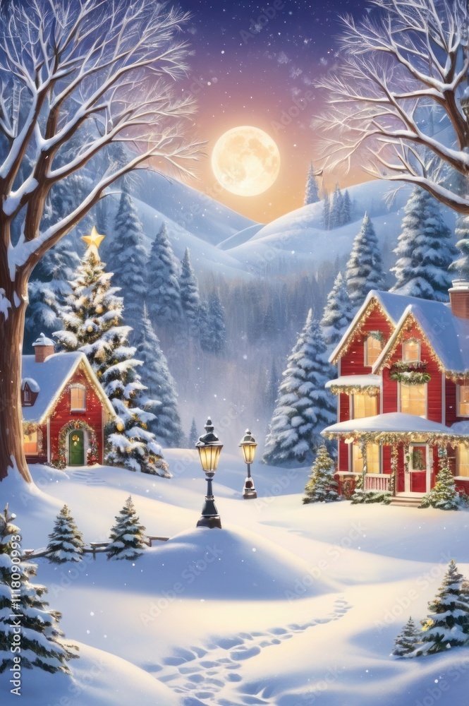 Naklejka premium Snow- Covered Christmas Ball with Warm Light Background