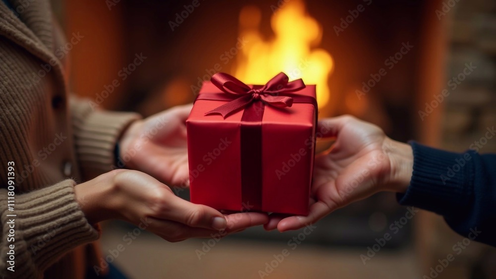 Two people exchanging red gift box with ribbon in warm atmosphere with fireplace background, celebration, surprise, love, giving, present, happiness, holiday, box, friendship Two people exchanging red gift box with ribbon in warm atmosphere with fireplace background, celebration, surprise, love, giving, present, happiness, holiday, box, friendship