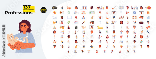 Jobs professions cartoon flat illustrations mega bundle. Labour work. Workplace diversity 2D images isolated on white. Videoconference, deadline, laptop employees collection vector drawings colorful