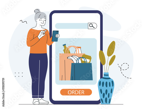 Elderly woman orders groceries. Grandmother with online store or market. Electronic commerce and home delivery. Cashless transfers. Linear vector illustration