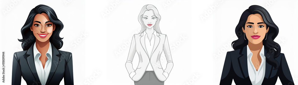 Three illustrations of women in business suits; one in color, one in grayscale, and one in color with darker hair. They showcase professional attire and diverse hairstyles. Three illustrations of women in business suits; one in color, one in grayscale, and one in color with darker hair. They showcase professional attire and diverse hairstyles.
