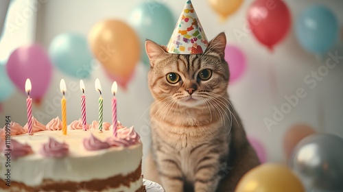 誕生日の帽子をかぶってケーキの前に座っている猫 photo