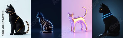 Virtual animal creation. collection of futuristic cat designs featuring neon outlines and vibrant colors, showcasing creativity and modern aesthetics photo