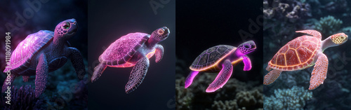 Virtual animal creation. Futuristic turtles swimming in vibrant underwater scene, showcasing glowing patterns and colors. serene aquatic environment enhances their beauty and uniqueness photo