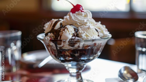 A delicious ice cream sundae topped with whipped cream and a cherry.