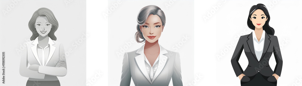 Three illustrated women in business attire; one grayscale, one light gray suit, one dark gray suit. They show diversity in age and hairstyle. Three illustrated women in business attire; one grayscale, one light gray suit, one dark gray suit. They show diversity in age and hairstyle.