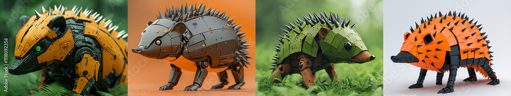 Virtual animal creation. Robotic hedgehogs in various colors and designs, showcasing intricate details and textures. Virtual animal creation. Robotic hedgehogs in various colors and designs, showcasing intricate details and textures.