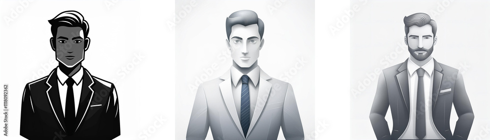 Three grayscale portraits of men in suits. Different hairstyles and facial hair are shown. Professional, corporate, formal attire. Three grayscale portraits of men in suits. Different hairstyles and facial hair are shown. Professional, corporate, formal attire.