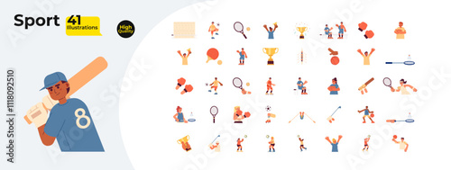 Athletes sports equipment cartoon flat illustrations mega bundle. Diverse sportsmen playing training 2D images isolated on white. Winner tournament recreation collection vector drawings colorful